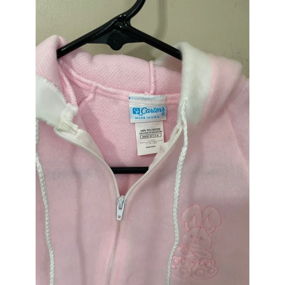 Vtg 80s Carters Pink Fleece Hooded Footed Sleeper Bunny Deadstock 21-25lbs L